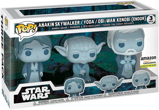 Funko POP! Star Wars Across the Galaxy: Force Ghost 3-pack Anakin Skywalker, Yoda, Obi-wan Kenobi (Endor) GITD Amazon Exclusive